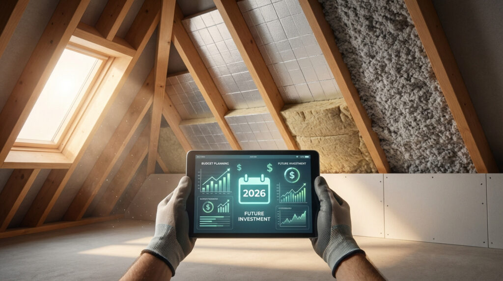 Mains gantées tenant une tablette avec budget 2026 et graphiques, sur fond de toiture en cours d'isolation.