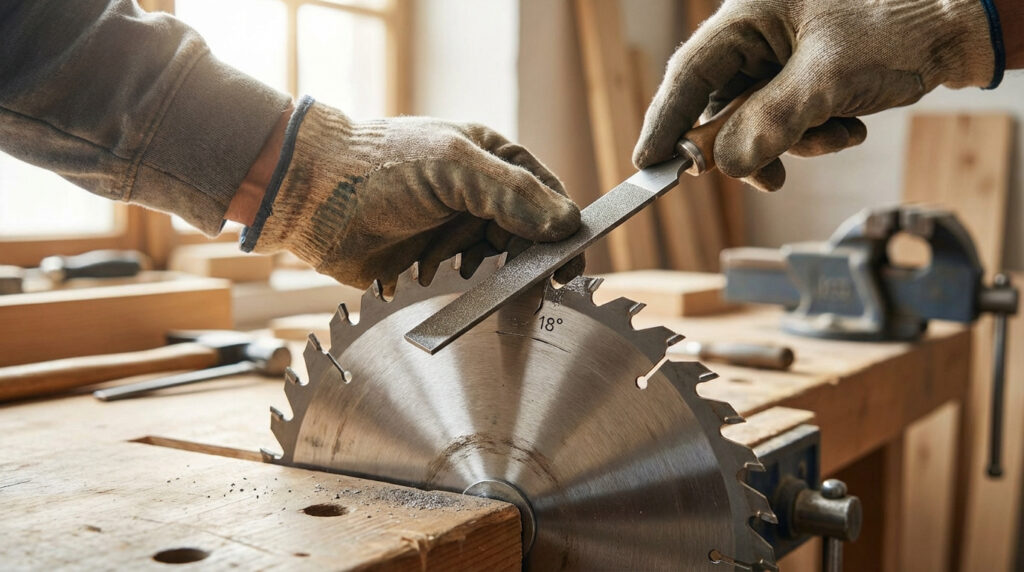 Gros plan sur des mains gantées affûtant une lame de scie circulaire à 18° avec une lime dans un atelier.