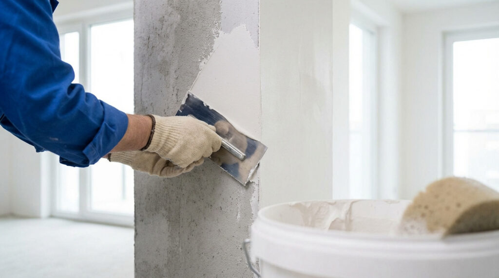 Gros plan sur un ouvrier appliquant un enduit blanc sur un mur intérieur en béton avec une taloche, dans une pièce lumineuse.