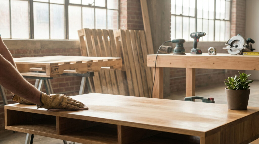 Mains gantées ponçant un meuble en bois clair dans un atelier. Palettes, outils et plante en arrière-plan.