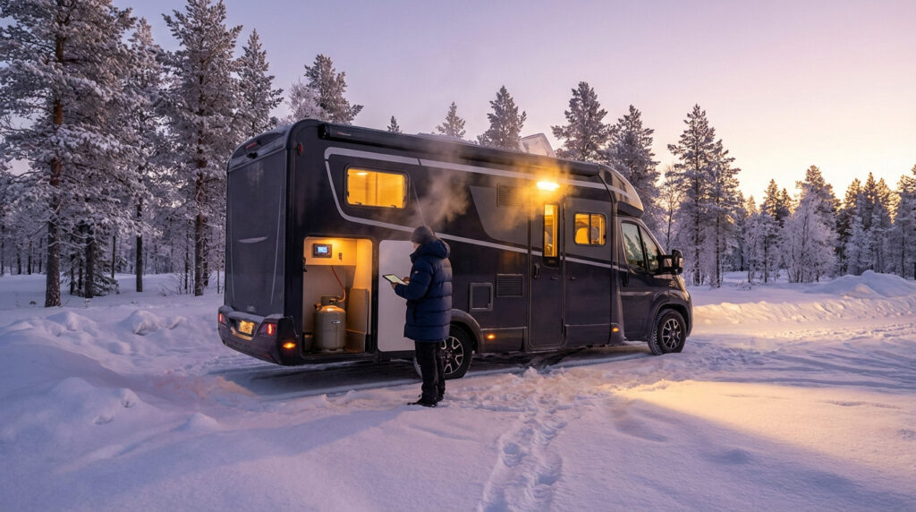 Personne utilisant une tablette pour gérer le chauffage d'un camping-car Truma dans un paysage hivernal enneigé, avec vapeur visible.