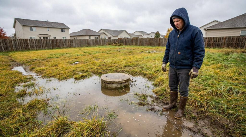 Un homme préoccupé regarde une fosse septique inondée dans un jardin boueux et gorgé d'eau, maisons en arrière-plan.