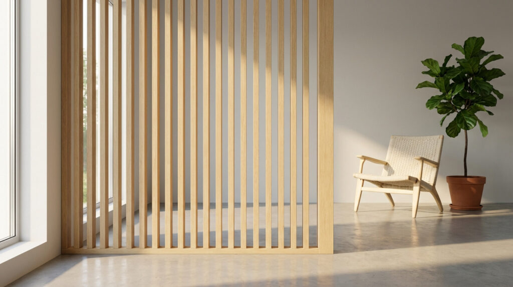 Claustra bois clair dans un intérieur moderne et lumineux. Un fauteuil en bois tressé et une plante verte complètent la scène.
