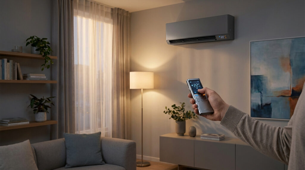 Main ajustant un climatiseur réversible gris avec une télécommande dans un salon moderne et lumineux.