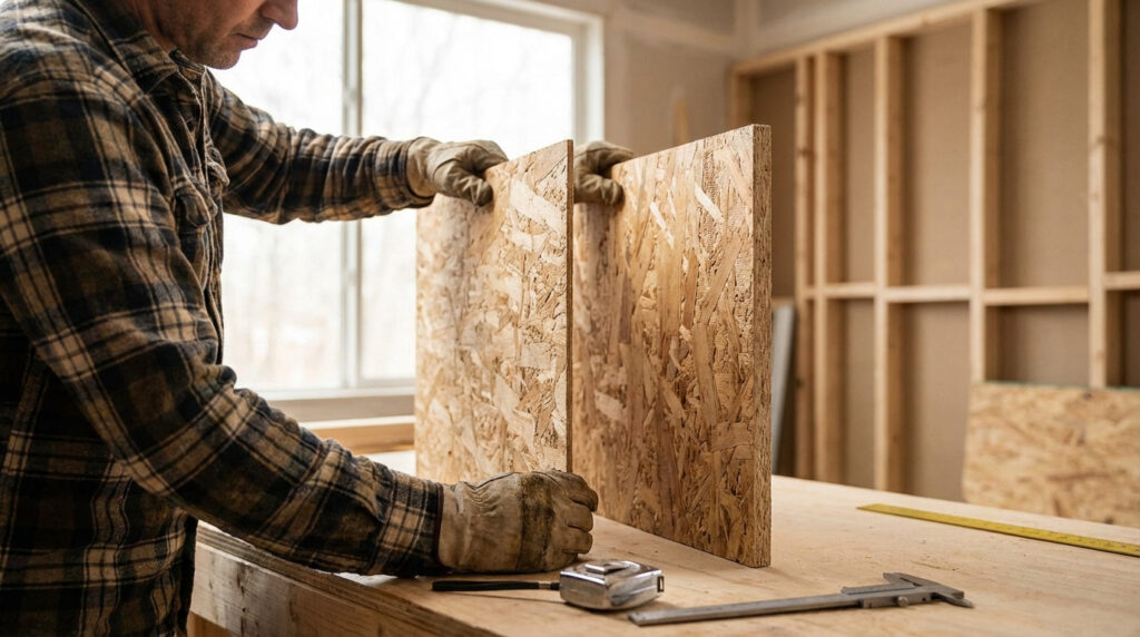 Un ouvrier en chemise à carreaux et gants de travail évalue l'épaisseur de deux panneaux OSB sur un établi, avec des outils de mesure.