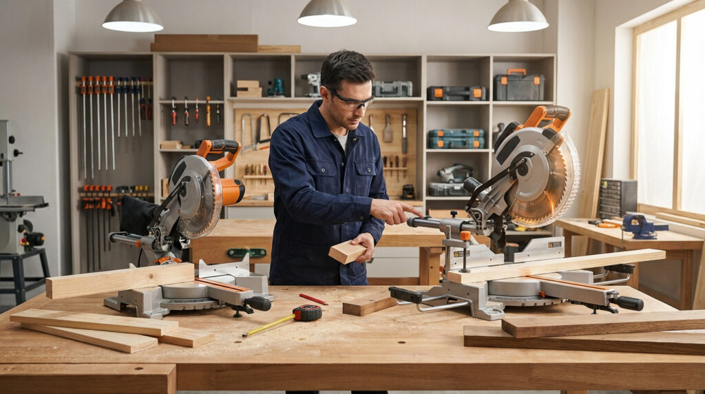 Un homme en lunettes de sécurité examine une scie à onglet radiale avec une pièce de bois dans un atelier bien équipé.
