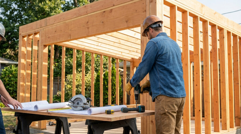 Deux hommes sur un chantier assemblent l'ossature d'un garage en bois. L'un fore une poutre, l'autre examine des plans sur une table d'outils.