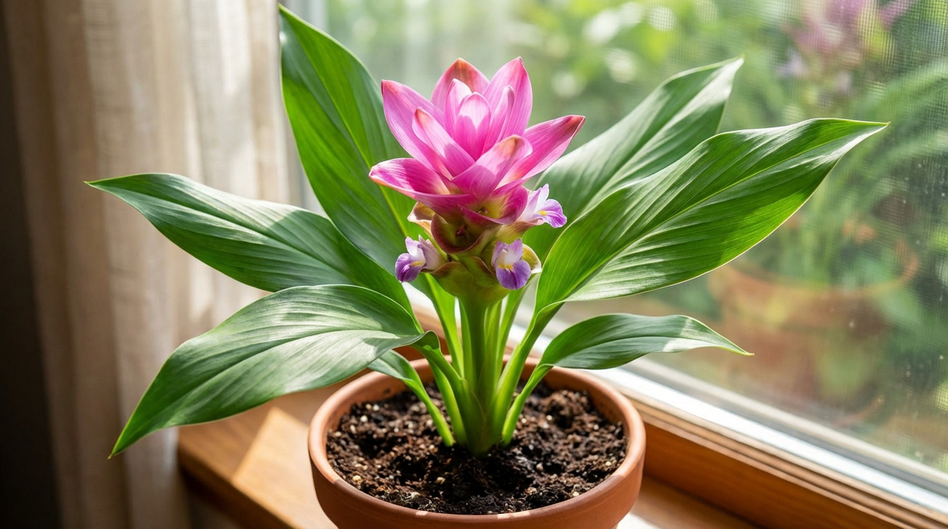 Curcuma rose en pot sur un rebord de fenêtre. Ses grandes feuilles vertes encadrent une fleur aux bractées roses et petites fleurs violettes.