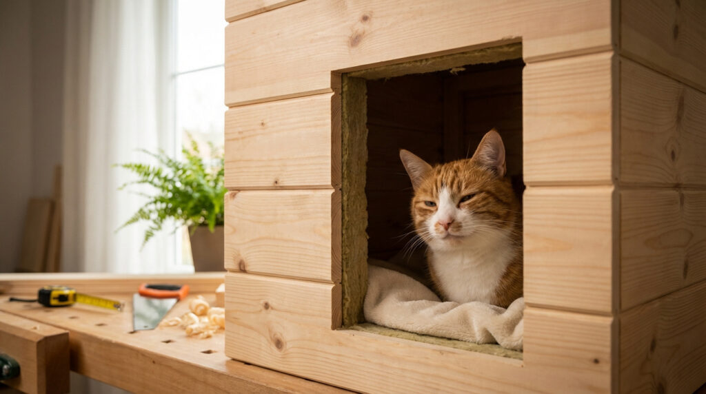 Un chat roux et blanc satisfait dans sa cabane en bois isolée, fraîchement construite sur un établi avec des outils.