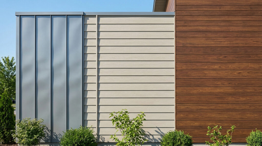 Trois types de bardage : métallique gris vertical, composite clair horizontal et bois foncé horizontal sur un mur moderne.
