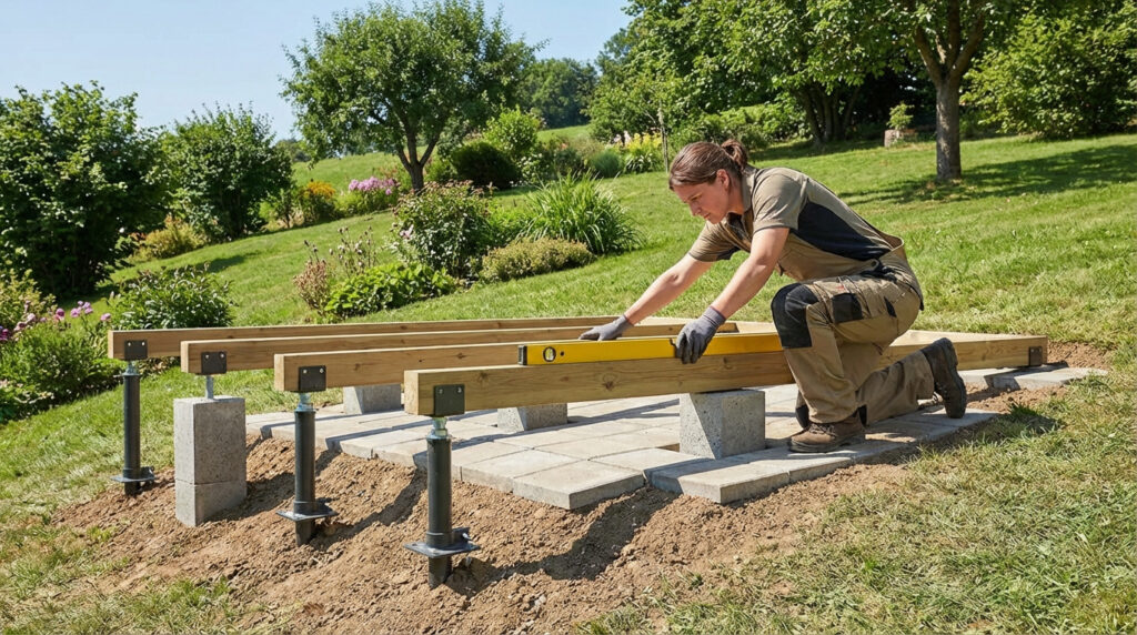 Une personne nivelle des poutres en bois pour une fondation d'abri de jardin sur un terrain en pente, utilisant un niveau.
