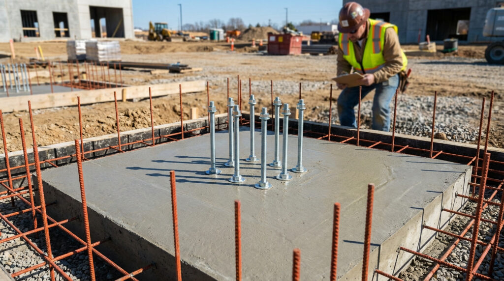 Gros plan sur un plot béton fraîchement coulé avec boulons d'ancrage. Un ouvrier vérifie des notes sur un chantier en arrière-plan.