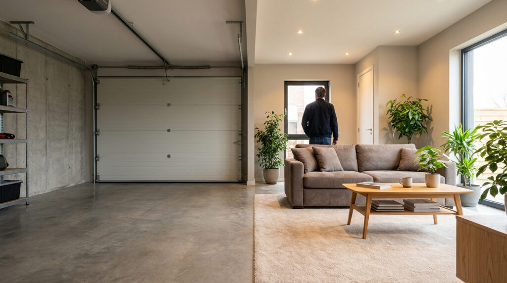 Image divisée montrant un garage brut avec porte sectionnelle et béton à gauche, et un salon moderne avec canapé, plantes, et un homme à droite.