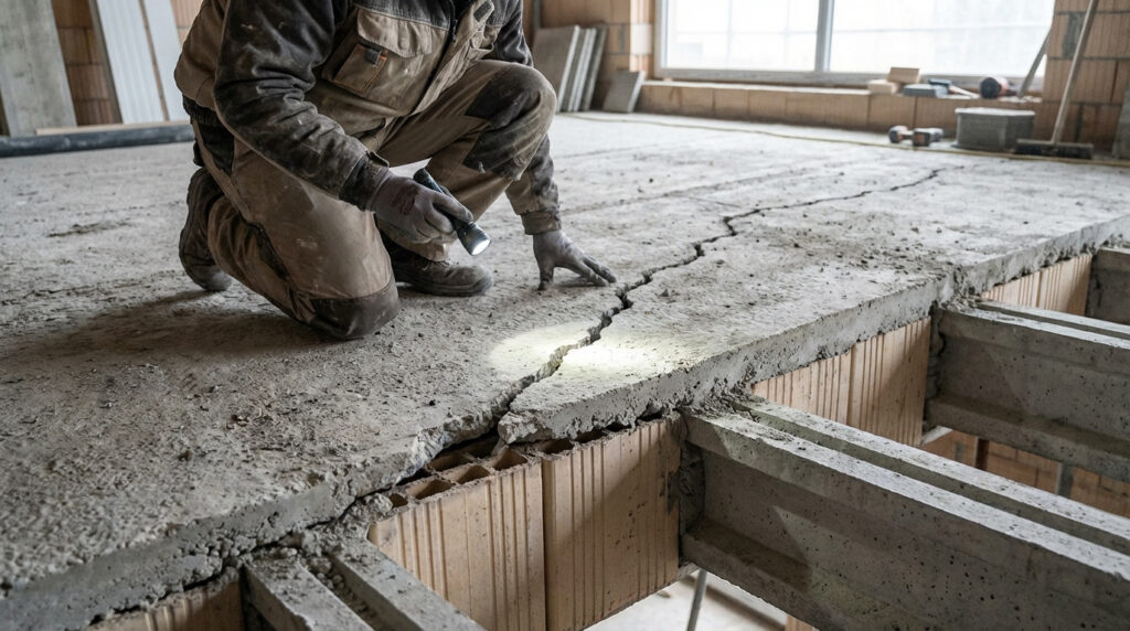 Un ouvrier ou expert examine une fissure importante dans une dalle en béton avec hourdis, éclairant la zone avec une lampe de poche.