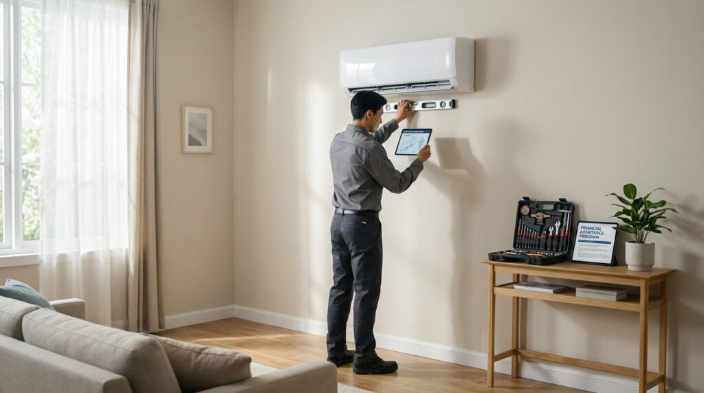 Technicien installant une climatisation murale, vérifiant l'alignement avec un niveau et une tablette.