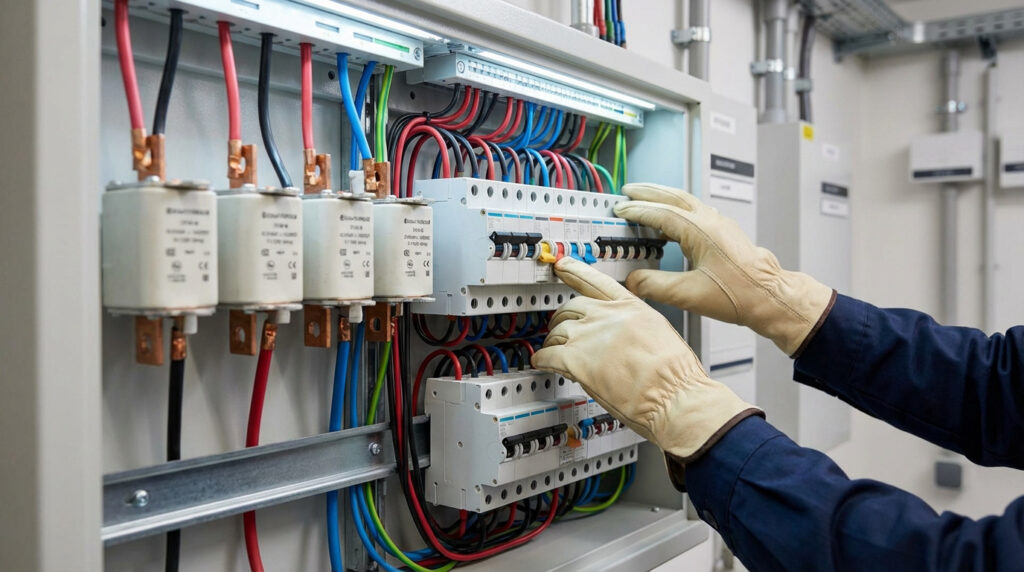 Un électricien ganté manipule des disjoncteurs dans un tableau électrique, avec des fusibles et des câbles visibles.