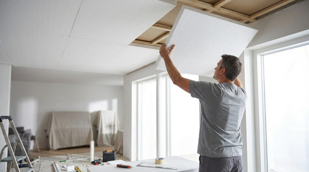 Un homme installe des panneaux d'isolation en polystyrène blanc sur un plafond. La pièce est en rénovation, avec des outils visibles.