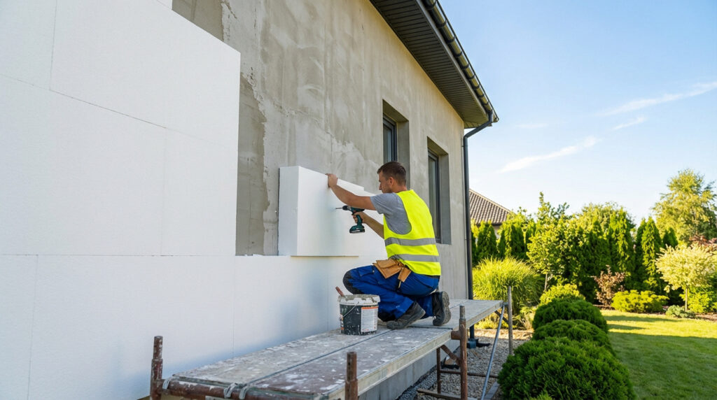 Un homme en gilet jaune fixe des panneaux isolants sur la façade d'une maison avec une perceuse, sur un échafaudage, sous un ciel bleu.