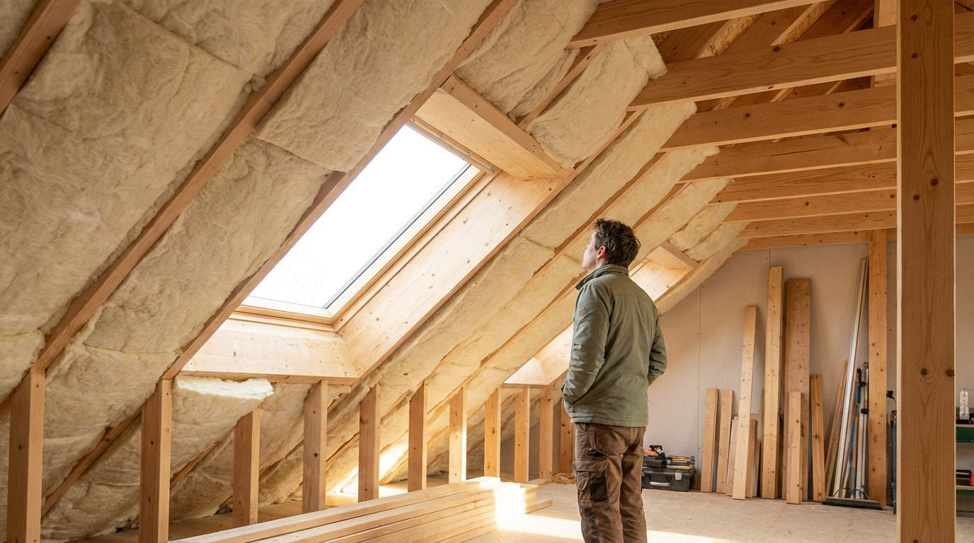 Homme inspectant l'isolation intérieure d'une toiture avec laine minérale et lucarne, dans un grenier en construction.