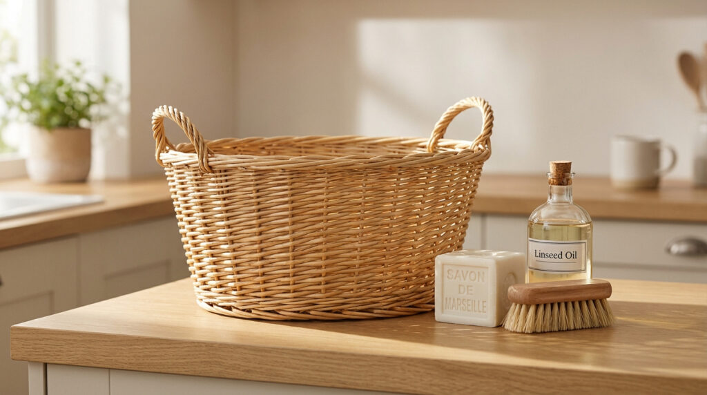 Panier en osier avec savon de Marseille, huile de lin et brosse sur un comptoir de cuisine en bois, près d'une fenêtre.