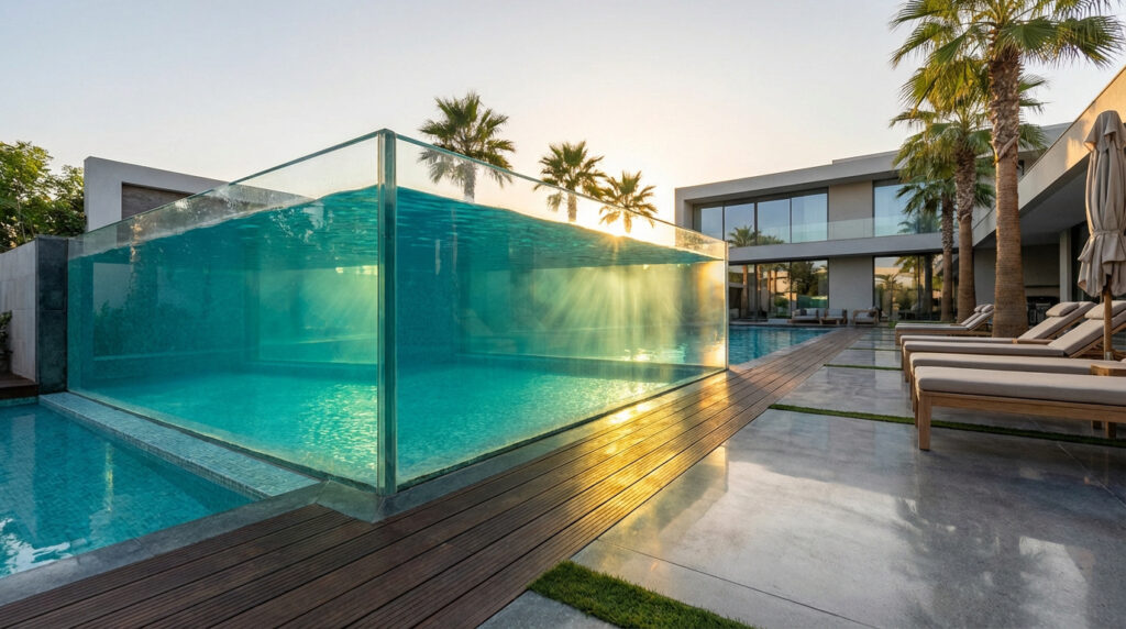 Piscine vitrée moderne avec eau turquoise et rayons de soleil filtrés, devant une villa contemporaine et des palmiers.