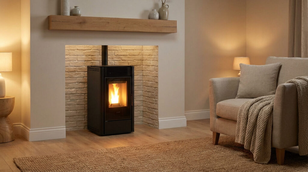 Un poêle à granulés noir est installé dans l'âtre d'une cheminée en briques claires, dans un salon moderne et chaleureux.