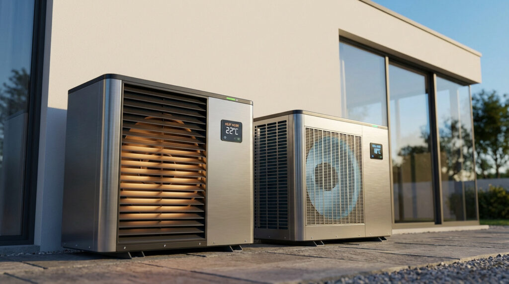 Deux unités extérieures modernes (PAC/clim) devant une maison. Une affiche "HEAT MODE 22°C" et l'autre "69°C".