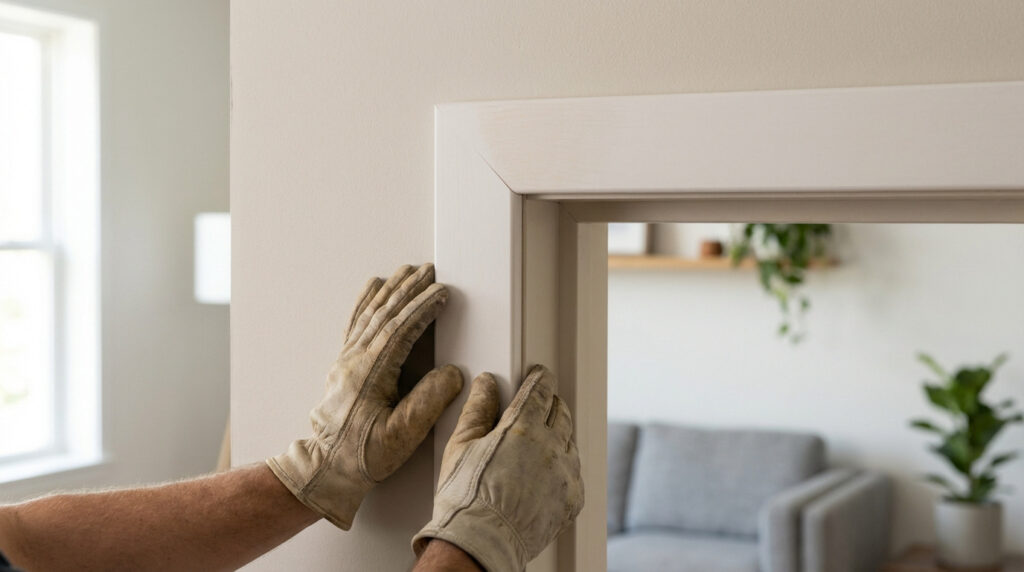 Deux mains gantées ajustent un encadrement de porte blanc sur un mur clair. Un intérieur moderne et lumineux est visible en arrière-plan flou.