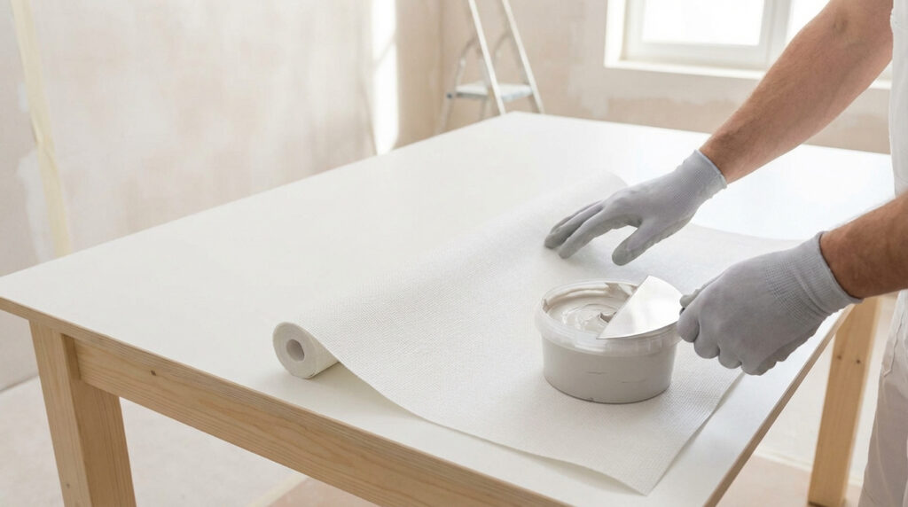 Personne en gants préparant une toile de verre blanche avec colle et spatule sur une table, mur en rénovation en fond.