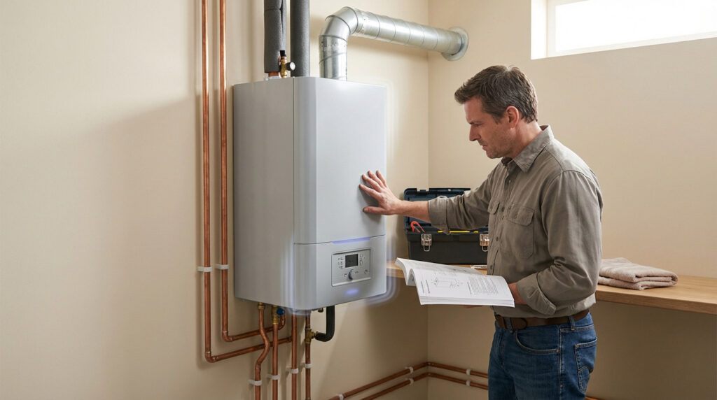Un homme en chemise kaki inspecte une chaudière gaz murale blanche et grise, lisant un manuel. Des tuyaux en cuivre sont visibles.
