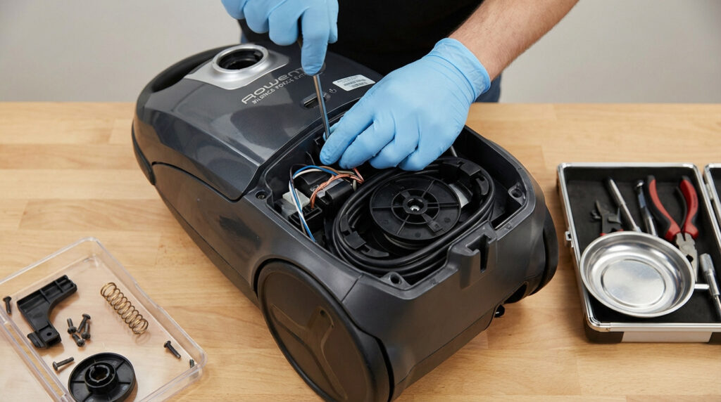 Personne gantée démontant un aspirateur Rowenta Silence Force avec un tournevis. Pièces et outils sur établi en bois.