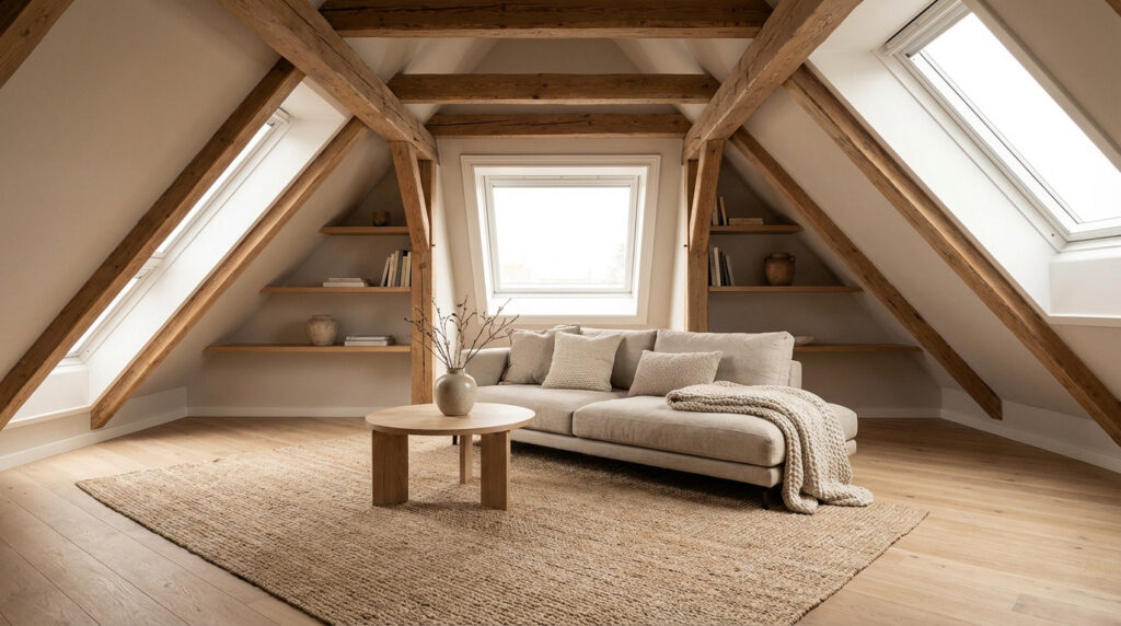 Salon mansardé lumineux avec poutres apparentes, canapé clair, table basse bois, tapis, étagères et fenêtres de toit.