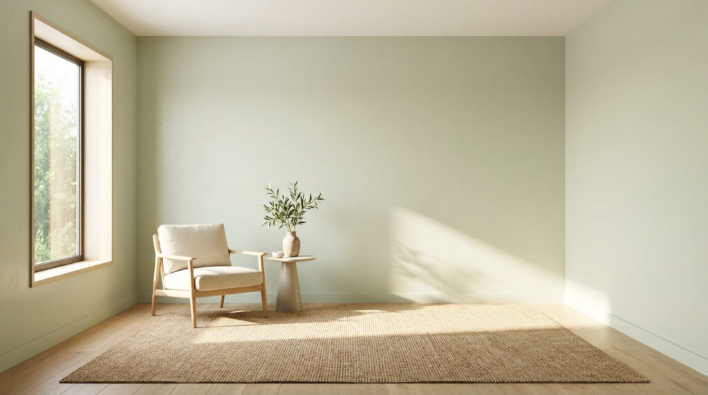 Une pièce moderne et lumineuse avec des murs vert pâle, un fauteuil crème, un tapis en jute et une grande fenêtre baignée de soleil.