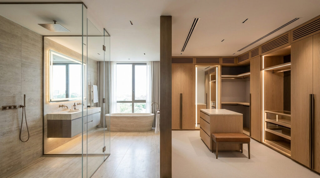 Suite moderne : salle de bain luxueuse avec douche, baignoire îlot et double vasque, adjacente à un dressing en bois clair éclairé.