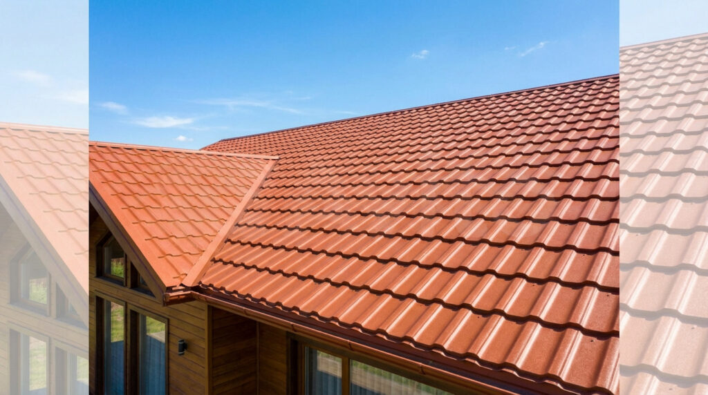 Vue aérienne d'une toiture en tôle tuile couleur terre cuite sur une maison en bois, sous un ciel bleu clair.