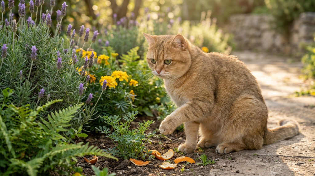 Un chat roux regarde curieusement des écorces d'orange posées au sol près de plantes de lavande et de soucis dans un jardin ensoleillé.