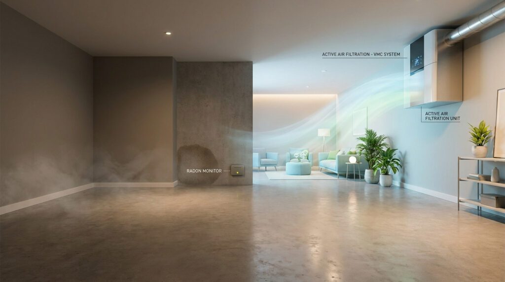 Image montrant un sous-sol sombre et humide avec un détecteur de radon, contrastant avec un espace clair et sain grâce à la VMC.