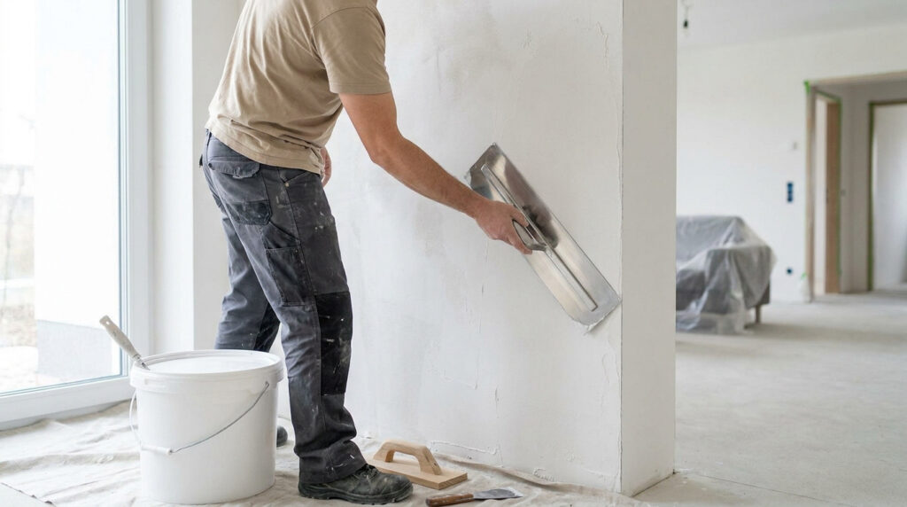 Un professionnel enduit un mur intérieur avec une taloche, préparant la surface. Des outils de plâtrier et un seau d'enduit sont au sol.