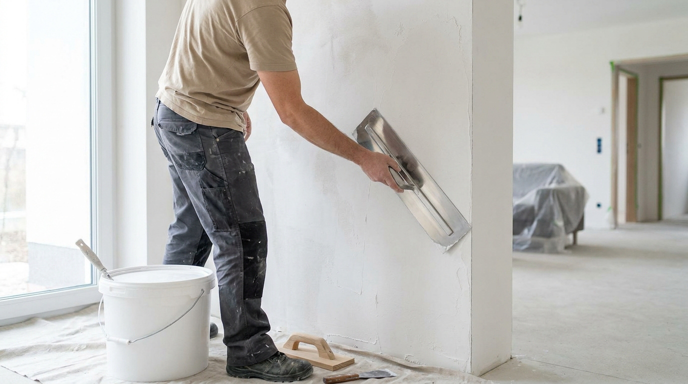 Un professionnel enduit un mur intérieur avec une taloche, préparant la surface. Des outils de plâtrier et un seau d'enduit sont au sol.