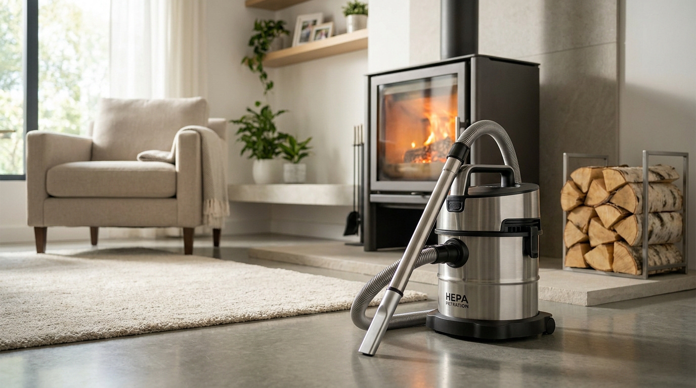 Un aspirateur cendre en inox avec filtre HEPA dans un salon moderne avec cheminée allumée et bois de chauffage.