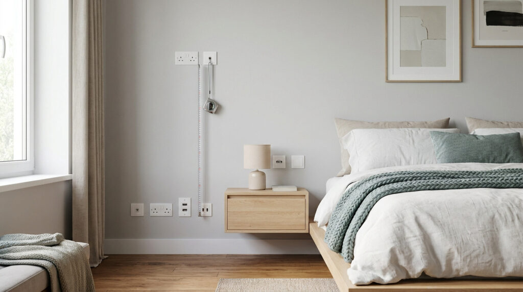 Chambre moderne avec prises électriques murales variées. Un mètre ruban indique la hauteur des prises autour d'une table de chevet.