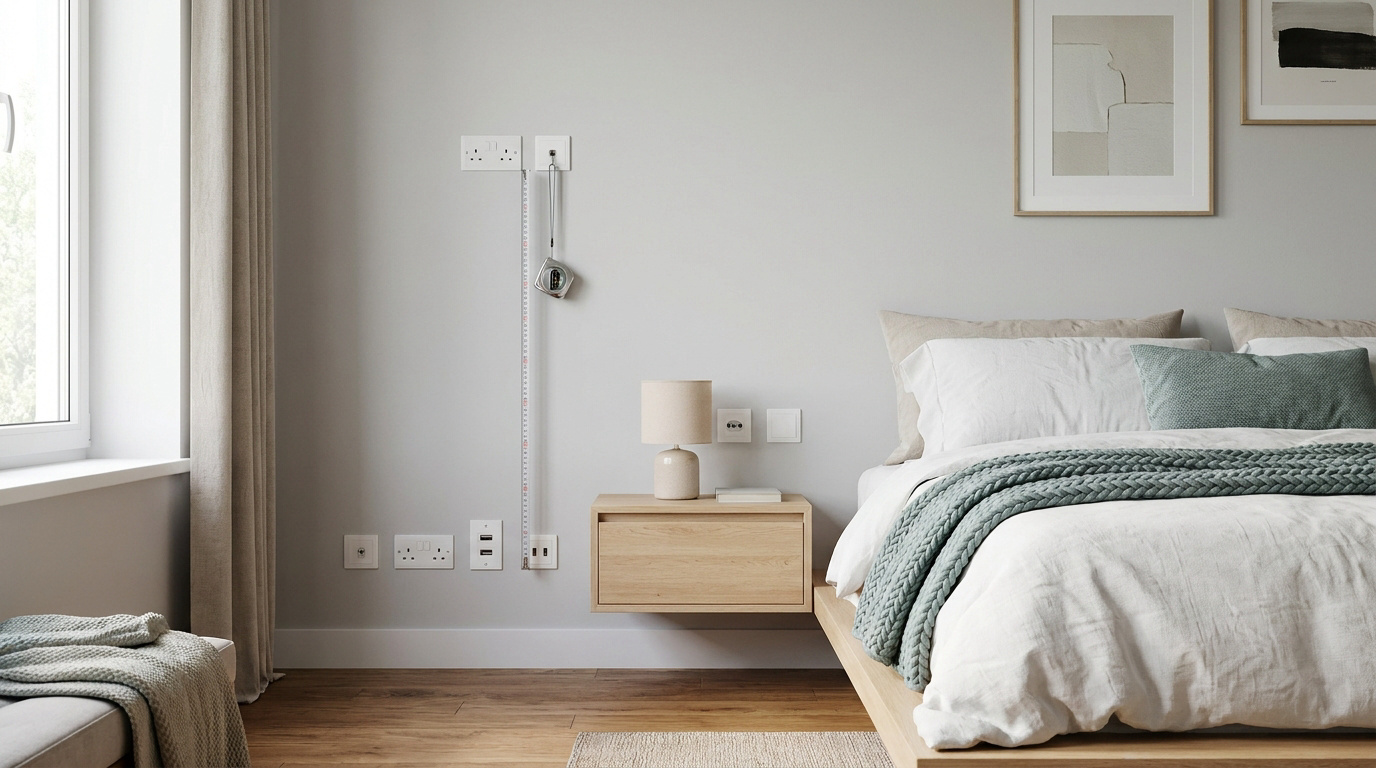 Chambre moderne avec prises électriques murales variées. Un mètre ruban indique la hauteur des prises autour d'une table de chevet.