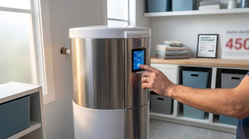 Main réglant un chauffe-eau moderne en mode ECO (120°F). Une facture énergétique est visible en arrière-plan.