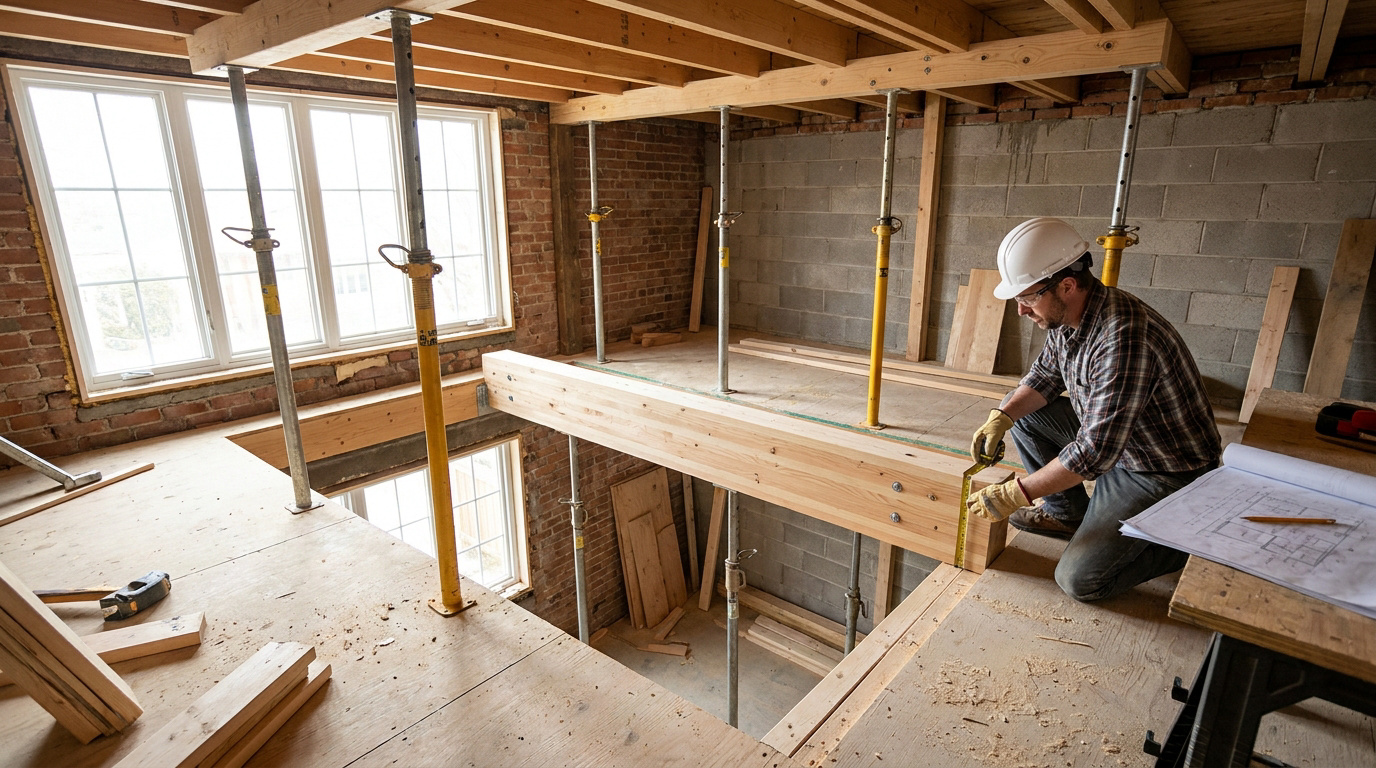 Un ouvrier en casque de chantier mesure une poutre en bois sur le site d'une future trémie d'escalier.