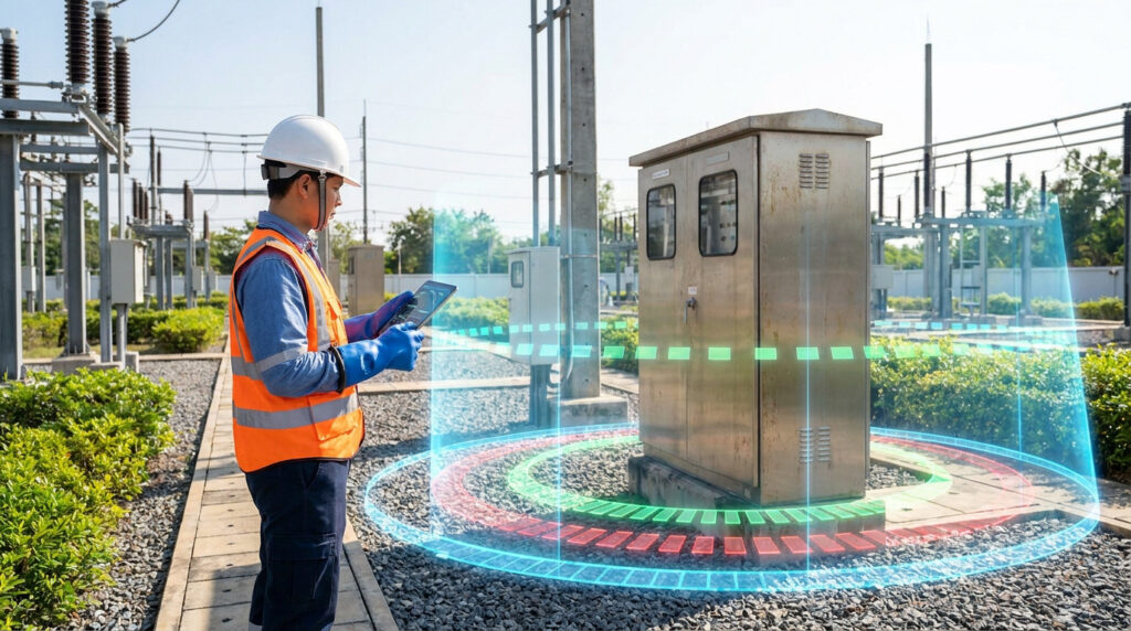 Technicien avec tablette devant une armoire électrique avec des zones de sécurité projetées en réalité augmentée.