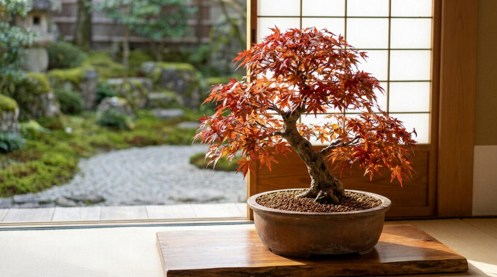 Bonsaï érable du Japon aux feuilles rouge orangé éclatantes, posé sur une estrade en bois devant un jardin zen japonais.