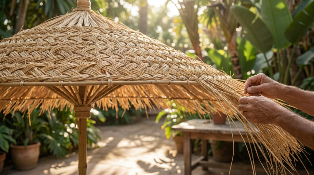 Gros plan sur des mains artisanales tressant un parasol en paille naturelle dans un jardin tropical ensoleillé.