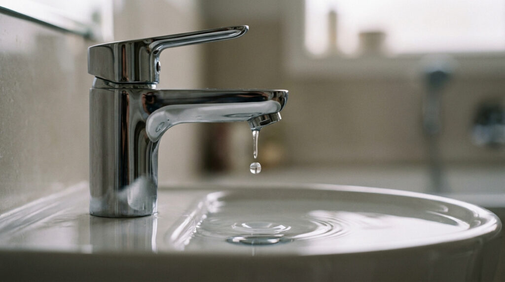 Un robinet chromé goutte dans un lavabo blanc, une goutte d'eau est en suspension, créant des ondulations.