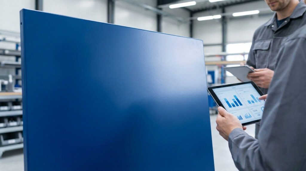 Techniciens analysant des données sur tablette devant une plaque métallique bleue thermolaquée en usine.
