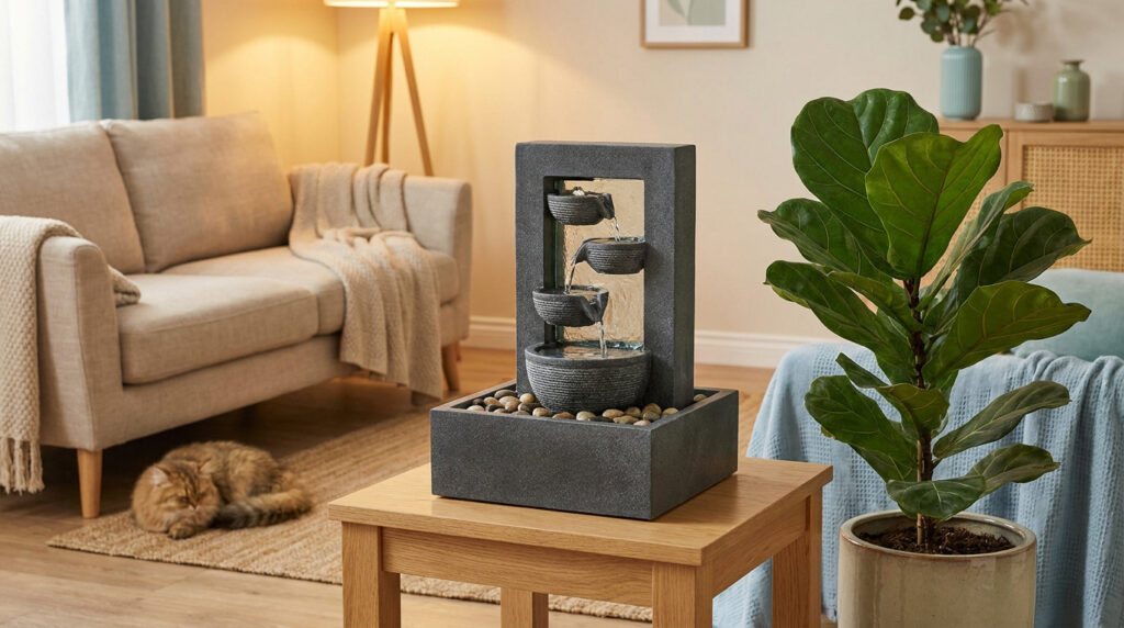 Une mini fontaine d'intérieur en pierre avec des bols en cascade posée sur une table dans un salon confortable.